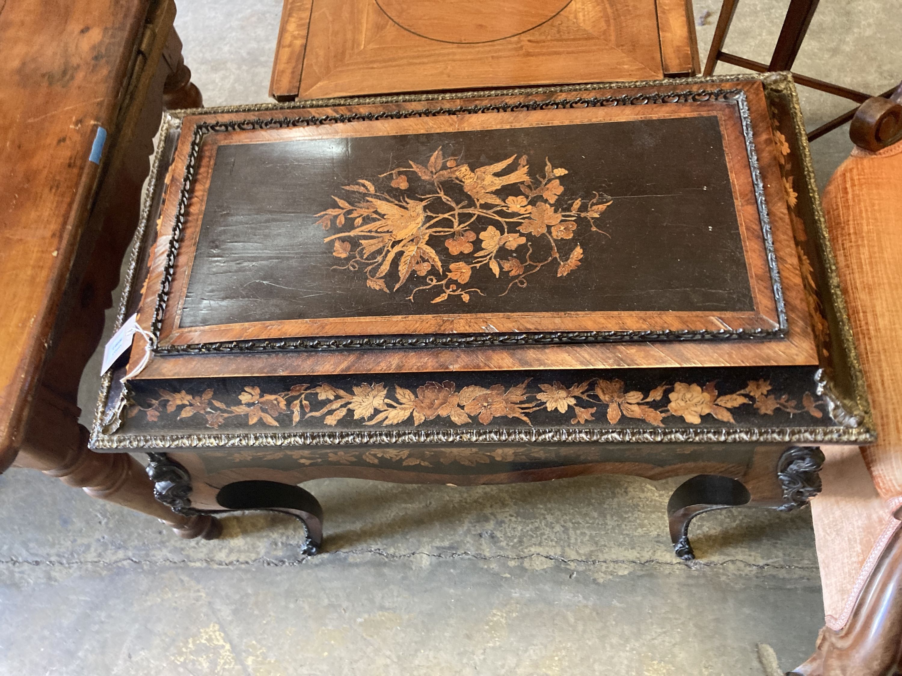 A 19th century French marquetry and kingwood jardiniere table, with ormolu mounts and removable cover, width 72cm, depth 42cm, height 7